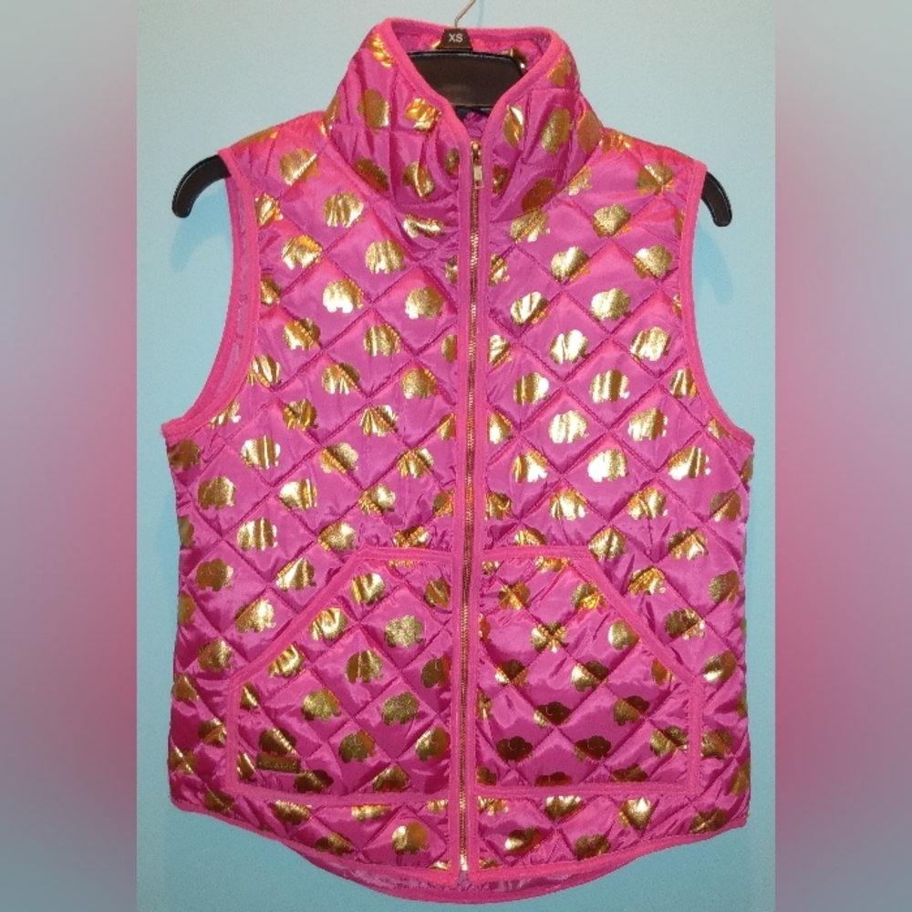 Simply Southern Hot Pink & Gold Elephant Print Zip Puffer Vest Small
